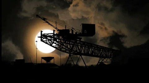 Day to night. time lapse. full moon moonshine. crane silhouette. Stock Footage 33803496