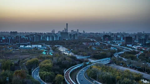 Day-to-Night Time-lapse Materials of Guomao Urban Highway in Beijing, China Stock Footage 296081594