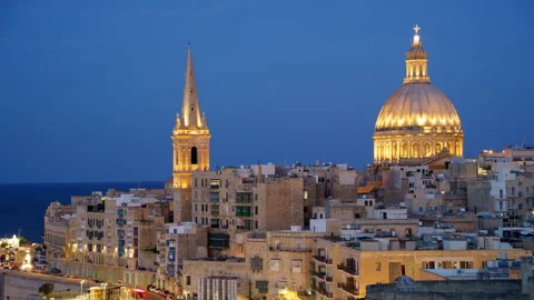 Day to Night Time-Lapse of Mount Carmel Basilica and Valletta Skyline Malta Stock Footage 318648354