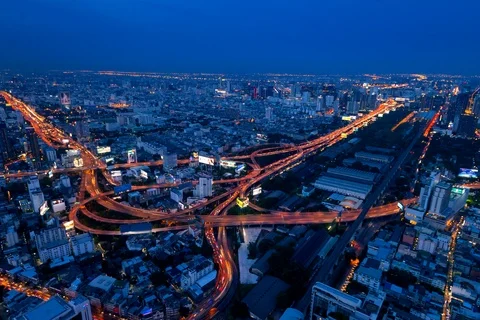 Day to Night Time-Lapse of Night Traffic in Bangkok Intersection Stock Footage 125040159