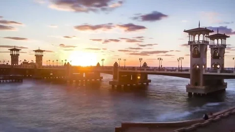 Day to night time-lapse for Stanley Bridge in Alexandria, Egypt Stock Footage 114488695
