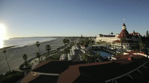 Day to night time lapse of the sun setting and lights on the historic Hotel Del Vidéo 11516646