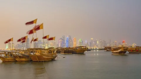 Day to night time lapse, sunset over Doha skyline, Qatar Stock Footage 111318923