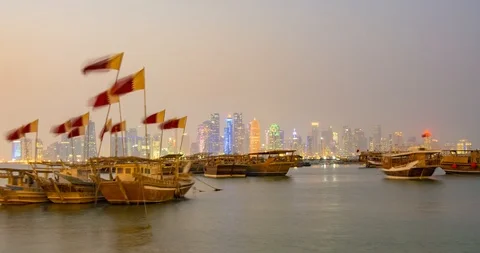 Day to night time lapse, sunset over Doha skyline, Qatar Stock Footage 112054795