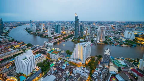 Day to night time lapse Top view of Bangkok city with Chao Phraya River Stock Footage 140456250