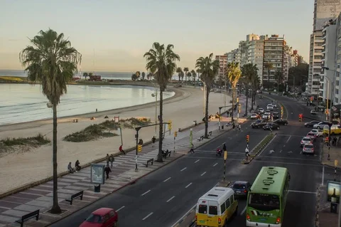 Day to night time lapse of traffic on beachside boulevard, Pocitos, Montevideo, Stock Footage 75184658