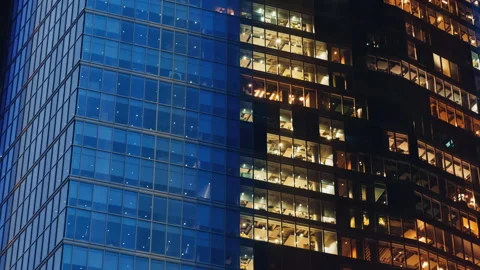 Day to night timelapse blinking windows lights, high-rise skyscraper downtown Stock Footage 285841081