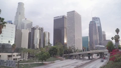 Day to night timelapse of downtown LA, US bank building Stock Footage 84186908