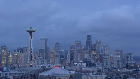 Day to night timelapse of downtown seattle skyline with moving clouds Stock Footage 83358605
