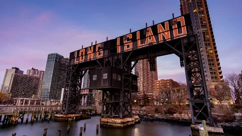 Day to Night Timelapse Sunset Long Island City Sign at Gantry Plaza State Park Stock Footage 123863568