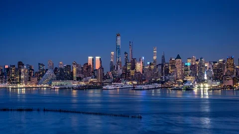 Day to Night Timelapse Sunset Over Hudson River West Midtown Manhattan Buildings Stock Footage 123861124