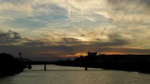 Day to night timelapse with sunset over river Danube in Bratislava, Slovakia Stock Footage