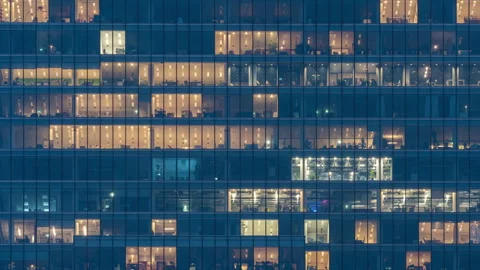 Day to night transition office windows time-lapse, high-rise skyscraper downtown Stock Footage 262630117