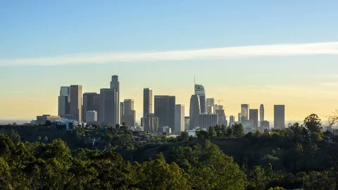 Day to night transition time lapse Los Angeles downtown Stock Footage 100257846