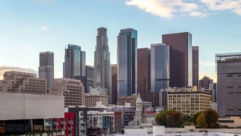 Day to night transition time lapse Los Angeles downtown Stock Footage 100257884