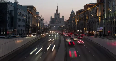 Day to night transition time lapse of Moscow city with soviet skyscraper Video stock 155660923