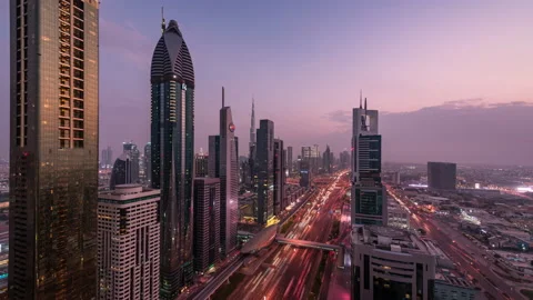 Day to Night Transition Timelapse of Dubai Downtown Sheik Zayed Road Stock Footage 143595698