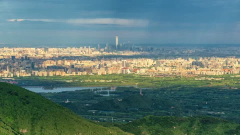 Day-to-Night Twilight Over Beijing CBD Skyline and Ancient Pagoda Stock Footage 336782772
