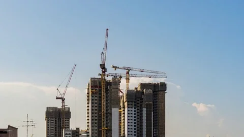 Day to Night view of Condominium Construction site in Downtown Singapore skyline Stock Footage 78002690