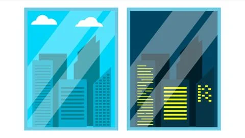 Day, Night Window View Vector. Scene. Skyscraper, Sky. Night Office City Lights Stock Illustration