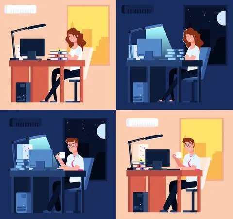 Day night work. Late office working, man woman overtime job. Flat tired Stock Illustration