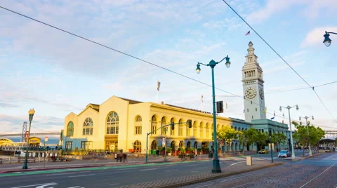 Day Night Zoom Out Time-lapse San Francisco Ferry Building Front Traffic 4k Stock Footage