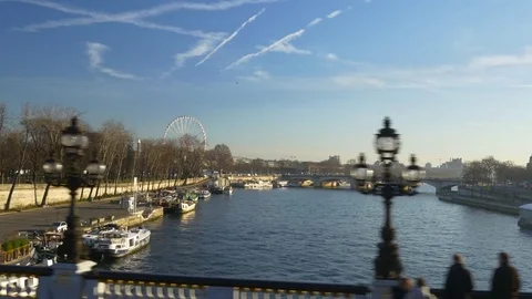 Day paris double-decker bus seine river bridge ride pov panorama 4k france Stock Footage 82266421