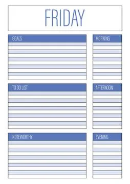 Day planner, Friday planner for diary, notebook. Printable A4 planner vector  Stock Illustration