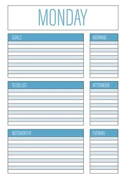 Day planner, Monday planner for diary, notebook. Printable A4 planner vector  Stock Illustration