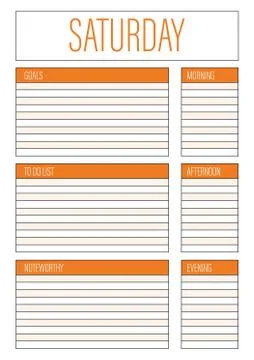 Day planner, Saturday planner for diary, notebook. Printable A4 planner vecto Stock Illustration