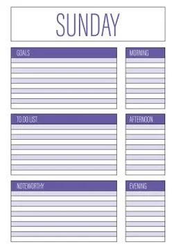 Day planner, Sunday planner for diary, notebook. Printable A4 planner vector  Stock Illustration
