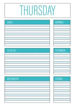 Day planner, Thursday planner for diary, notebook. Printable A4 planner vecto Stock Illustration