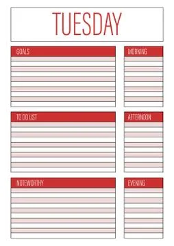 Day planner, Tuesday planner for diary, notebook. Printable A4 planner vector Stock Illustration