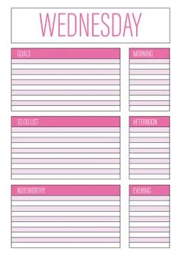 Day planner, Wednesday planner for diary, notebook. Printable A4 planner vect Stock Illustration