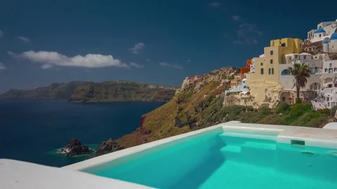Day santorini island fira town hotel pool panorama 4k timelapse greece Stock Footage 83261477