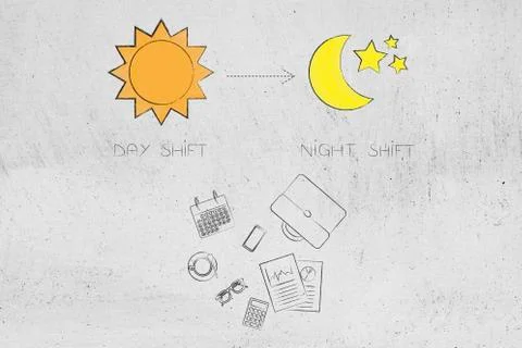 Day shift icon with sun and night one with moon and office objects below Stock Illustration