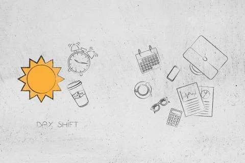 Day shift sun &amp; coffee icon next to group of mixed business objects Stock Illustration