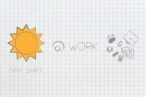 Day shift sun icon next to business objects and At Work caption Stock Illustration