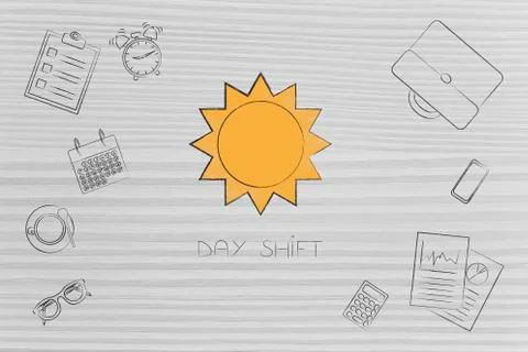 Day shift sun icon surrounded by mixed business objects Stock Illustration
