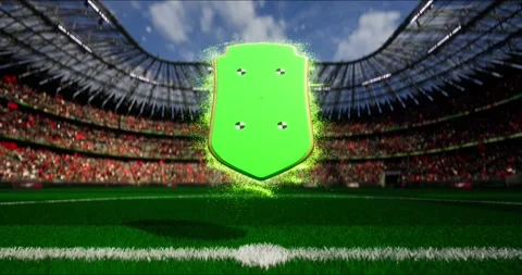 Day soccer match or player shield card, stadium background Stock Footage 249339751