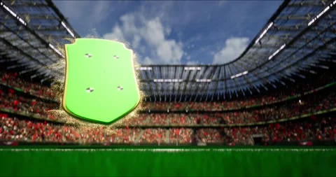 Day soccer match or player shield card, stadium background Stock Footage 249339995