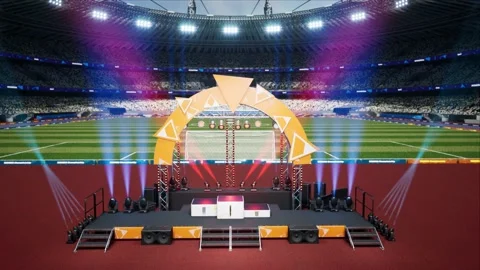 Day stadium arena empty competition pedestal waiting ceremony Stock Footage 155147562