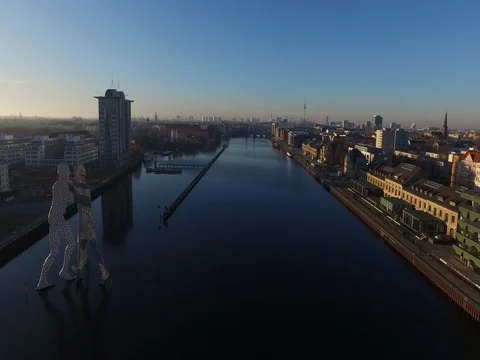 A day summer day with the drone at the river, Berlin Oberbaumbruecke, aerial. Video stock 80058706
