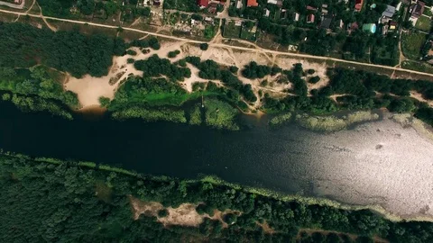 Day, summer time, river and green forest, View from drone above. Stock Footage 79570048