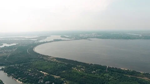 Day, summer time, river, sea and green forest, View from drone landscape above. Video stock 79570223