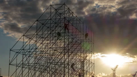 Day time city square stage framework construction panorama timelapse 4k Видео 162136778