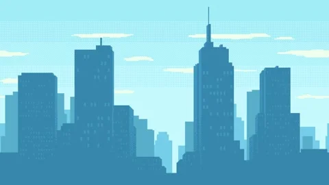 Day time cityscape animated pixel art. High buildings silhouette and clouds. 2d Vídeos de archivo 304957474