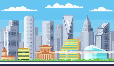 Day time cityscape light pixel background with hight buildings. Pixelated Ilustración de archivo