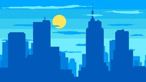 Day time cityscape pixel background. High buildings silhouette with sun and.. Ilustración de archivo