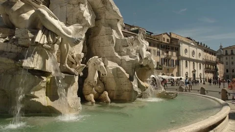 Day time close up of the four rivers fountain in piazza navona, rome Stock Footage 69740522